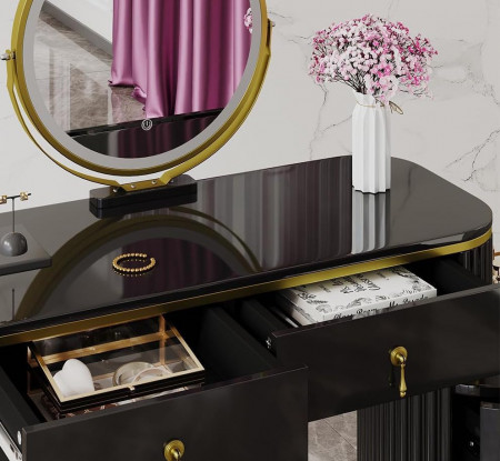 Masuta machiaj cu Oglinda LED si 5 Sertare pentru Cosmetice, Set Masa toaleta 100 cm, Negru, masuta cosmetica, vanity - SEN243 - Img 5