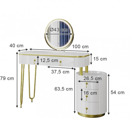 Masuta machiaj cu Oglinda LED si 5 Sertare pentru Cosmetice, Set Masa toaleta 100 cm, Alb, masuta cosmetica, vanity - SEA422 - Img 6