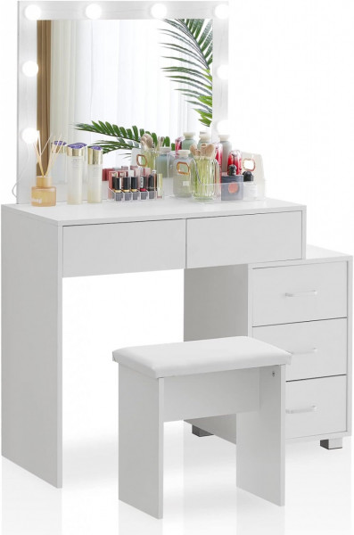 Masuta machiaj cu Oglinda LED si 5 Sertare pentru Cosmetice, Set Masa toaleta 80 cm, Alb, masuta cosmetica, vanity - SEA425 - Img 4