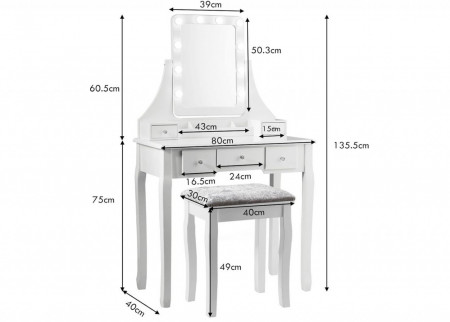 Masuta machiaj cu Oglinda LED si 5 Sertare pentru Cosmetice, Set Masa toaleta 80 cm, Alb, masuta cosmetica, vanity - SEA531 - Img 2