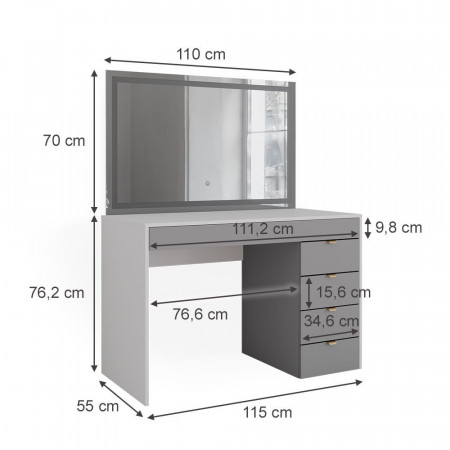 Masuta machiaj cu Oglinda LED si 5 Sertare pentru Cosmetice, Set Masa toaleta 115 cm, Alb, masuta cosmetica, vanity - SEA447 - Img 5