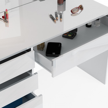 Masuta machiaj cu Oglinda LED si 5 Sertare pentru Cosmetice, Set Masa toaleta 120 cm, Alb Lucios, masuta cosmetica, vanity - SEA348 - Img 6