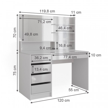 Masuta machiaj cu Oglinda LED si 5 Sertare pentru Cosmetice, Set Masa toaleta 120 cm, Alb Lucios, masuta cosmetica, vanity - SEA465 - Img 2