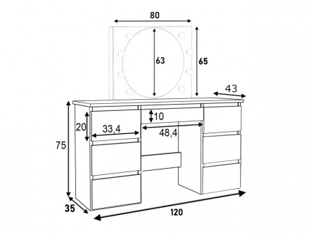 Masuta machiaj cu Oglinda LED si 5 Sertare pentru Cosmetice, Set Masa toaleta 120 cm, masuta cosmetica, vanity - SEM531 - Img 2