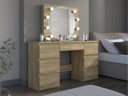 Masuta machiaj cu Oglinda LED si 5 Sertare pentru Cosmetice, Set Masa toaleta 120 cm, Stejar, masuta cosmetica, vanity - SEM532 - Img 6