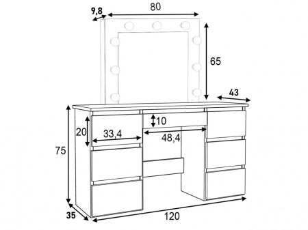 Masuta machiaj cu Oglinda LED si 5 Sertare pentru Cosmetice, Set Masa toaleta 120 cm, masuta cosmetica, vanity - SEM533 - Img 3