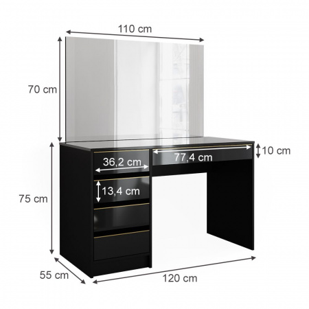 Masuta machiaj cu Oglinda LED si 5 Sertare pentru Cosmetice, Set Masa toaleta 120 cm, Negru, masuta cosmetica, vanity - SEN253 - Img 7