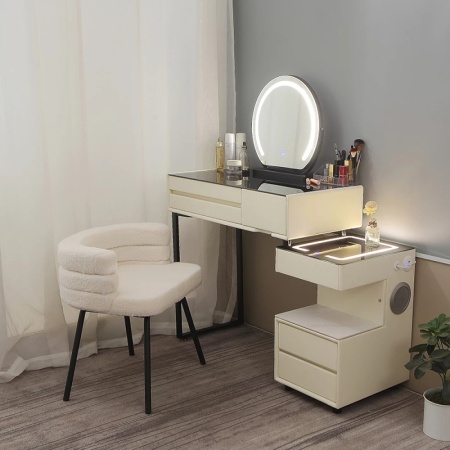 Masuta machiaj cu Oglinda LED si 5 Sertare pentru Cosmetice, Set Masa toaleta 80 cm, Alb, masuta cosmetica, vanity - SEA168 - Img 5