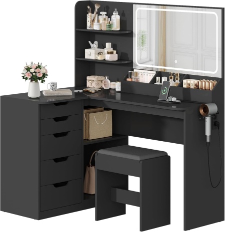 Masuta machiaj cu Oglinda LED si 5 Sertare pentru Cosmetice, Set Masa toaleta 120 cm, Negru, masuta cosmetica, vanity - SEN258 - Img 2
