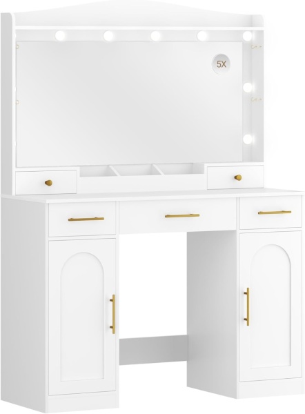 Masuta machiaj cu Oglinda LED si 5 Sertare pentru Cosmetice, Set Masa toaleta 108 cm, Alb, masuta cosmetica, vanity - SEA911 - Img 4