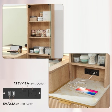 Masuta machiaj cu Oglinda LED si 5 Sertare pentru Cosmetice, Set Masa toaleta 122 cm, Alb, Antracit sau Culoarea Stejar, masuta cosmetica cu Riflaj, vanity - SEM21 - Img 3