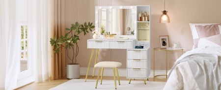 Masuta machiaj cu Oglinda LED si 5 Sertare pentru Cosmetice, Set Masa toaleta 110 cm, Alb, masuta cosmetica, vanity - SEA823 - Img 6