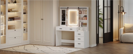 Masuta machiaj cu Oglinda LED si 5 Sertare pentru Cosmetice, Set Masa toaleta 120 cm, Alb, masuta cosmetica, vanity - SEA5 - Img 8