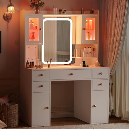 Masuta machiaj cu Oglinda LED si 5 Sertare pentru Cosmetice, Set Masa toaleta 105 cm, Alb, masuta cosmetica, vanity - SEA201 - Img 2