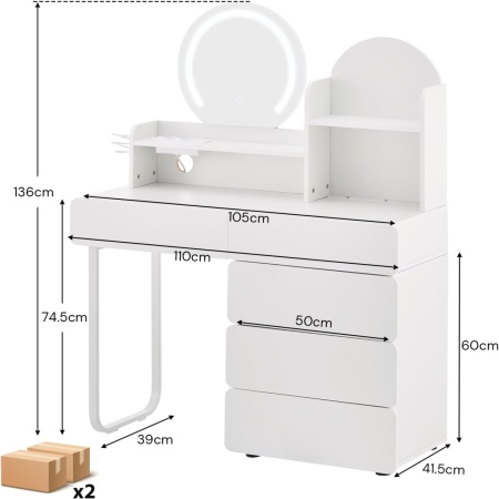Masuta machiaj cu Oglinda LED si 5 Sertare pentru Cosmetice, Set Masa toaleta 105 - 130 cm, Alb, masuta cosmetica cu Prize si USB, Suport Uscator de Par - SEA25 - Img 4