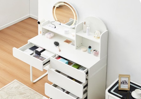 Masuta machiaj cu Oglinda LED si 5 Sertare pentru Cosmetice, Set Masa toaleta 105 - 130 cm, Alb, masuta cosmetica cu Prize si USB, Suport Uscator de Par - SEA25 - Img 11