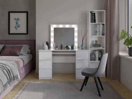 Masuta machiaj cu Oglinda LED si 6 Sertare pentru Cosmetice, Set Masa toaleta 130 cm, Alb, masuta cosmetica, vanity - SEA542 - Img 5