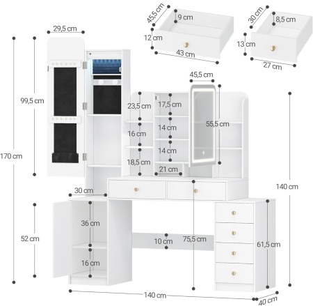 Masuta machiaj cu Oglinda LED si 6 Sertare pentru Cosmetice, Set Masa toaleta 140 cm, Alb, masuta cosmetica, vanity - SEA7 - Img 3