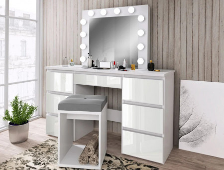 Masuta machiaj cu Oglinda LED si 7 Sertare pentru Cosmetice, Set Masa toaleta 120 cm, Alb, masuta cosmetica, vanity - SEA516 - Img 5
