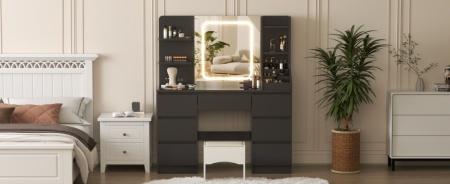 Masuta machiaj cu Oglinda LED si 7 Sertare pentru Cosmetice, Set Masa toaleta 110 cm, Alb / Negru / Roz, masuta cosmetica, vanity - SEA820 - Img 4