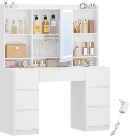 Masuta machiaj cu Oglinda LED si 7 Sertare pentru Cosmetice, Set Masa toaleta 108 cm, Alb, masuta cosmetica, vanity - SEA4 - Img 7