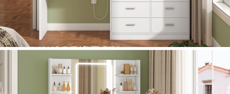Masuta machiaj cu Oglinda LED si 8 Sertare pentru Cosmetice, Set Masa toaleta 167 cm, Alb, masuta cosmetica, vanity - SEA819 - Img 5