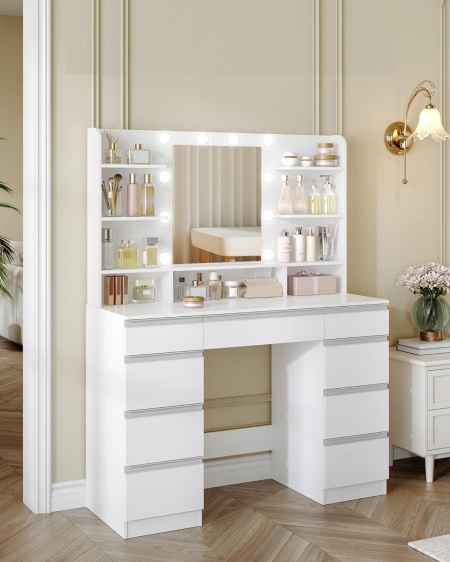 Masuta machiaj cu Oglinda LED si 9 Sertare pentru Cosmetice, Set Masa toaleta 109 cm, Alb, masuta cosmetica, vanity - SEA821 - Img 2