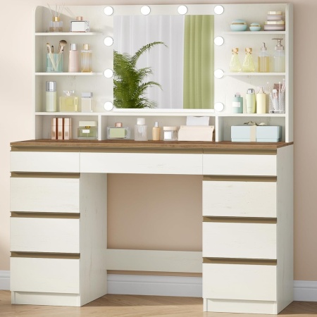Masuta machiaj cu Oglinda LED si 9 Sertare pentru Cosmetice, Set Masa toaleta 109 cm, Alb, masuta cosmetica, vanity - SEA821 - Img 12