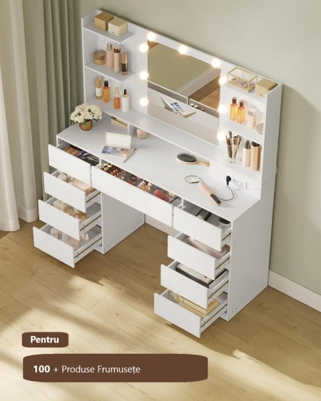Masuta machiaj cu Oglinda LED si 9 Sertare pentru Cosmetice, Set Masa toaleta 107 cm, Alb, masuta cosmetica, vanity - SEA15 - Img 5