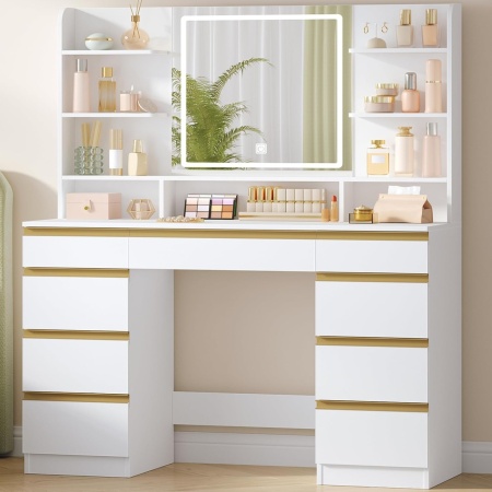 Masuta machiaj cu Oglinda LED si 9 Sertare pentru Cosmetice, Set Masa toaleta 109 cm, Alb, masuta cosmetica, vanity - SEA18 - Img 2