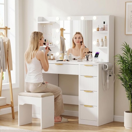 Masuta machiaj cu Oglinda LED si 9 Sertare pentru Cosmetice, Set Masa toaleta 108 cm, Alba sau Neagra cu Riflaj, masuta cosmetica cu Prize, USB, USB-C si Suport Uscator de Par, Suport Bijuterii vanity - SEA202 - Img 6
