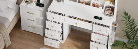 Masuta machiaj cu Oglinda LED si 9 Sertare pentru Cosmetice, Set Masa toaleta 107 cm, Alb, masuta cosmetica cu Priza, USB si USB-C, vanity - SEA205 - Img 9