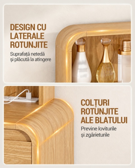 Masuta machiaj cu Oglinda LED si 9 Sertare pentru Cosmetice, Set Masa toaleta 108 cm, cu Priza si USB, masuta cosmetica Maro, vanity cu Rafturi - SEM1 - Img 8