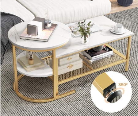 MCAU19 - Set 2 masute de cafea 80 cm si 52 cm, mese pentru living - Alb - Negru / Auriu - Img 4