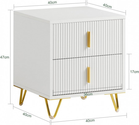 NOA29 - Set 2x Noptiere albe 40x40x47 cm, riflaje, cu sau fara Priza, cu 2 sertare, dormitor - Alb-Auriu - Img 6