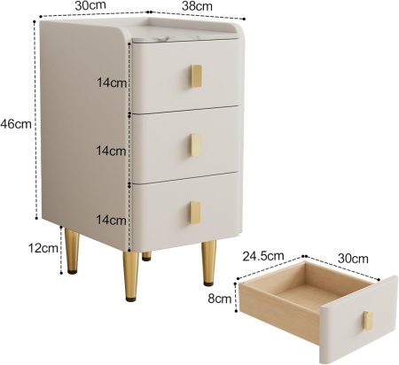 NOA5 - Set 2 Noptiere foarte inguste, 20 cm sau 30 cm, cu 3 sertare, dormitor - Alb - Auriu - Img 7