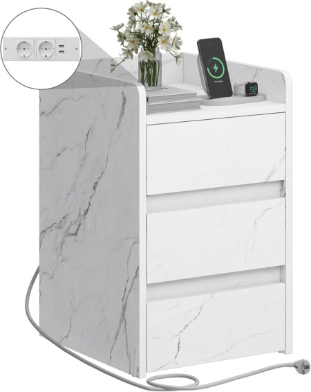 NOA64 - Set 2 Noptiere albe 35 cm, cu 3 sertare Priza si USB, dormitor - Alb Imitatie de Marmura - Img 6