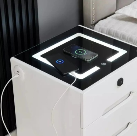 NOA76 - Set 2x Noptiere 50 cm, cu 3 sertare, LED, Incarcare Wireless, Inchidere Amprenta, Sticla Securizata, USB-C si Bluetooth, dormitor - Alb - Img 4