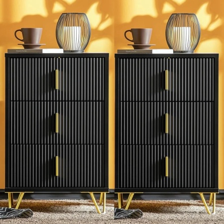 NON12 - Set 2x Noptiere negre 40x40x63cm, riflaje, cu 3 sertare, dormitor - Negru-Auriu