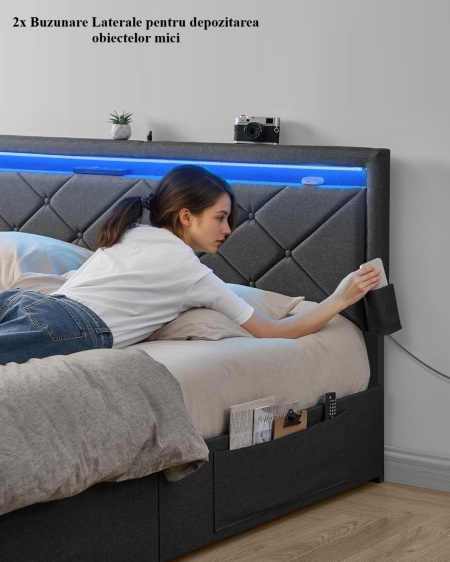 PAG2 - Pat tapitat, 140 sau 160 x 200 cm, cu 4 Sertare, LED, USB si USB-C, Organizatoare Carti - Gri - Img 5