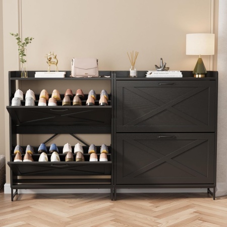 PANA32 - Pantofar 80 cm ingust, 2 compartimente, pantofare, depozitare pantofi, mobilier hol - Alb / Negru - Img 5