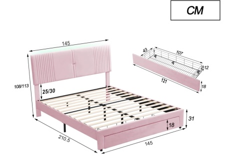PARC205 - Pat tapitat cu LED si USB, 140 / 160 x 200 cm, cu Sertar - Gri - Img 9