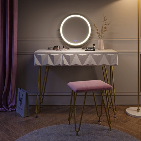 SEA366 - Set Masa toaleta, 100 cm, cosmetica machiaj, oglinda, masuta vanity - Alb-Auriu