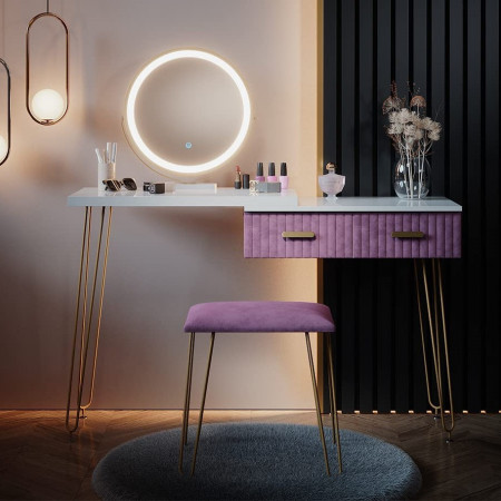 SEA394 - Set Masa toaleta, 120 cm, cosmetica machiaj, oglinda cu LED, masuta vanity, scaun tapitat - Alb-Auriu-Roz