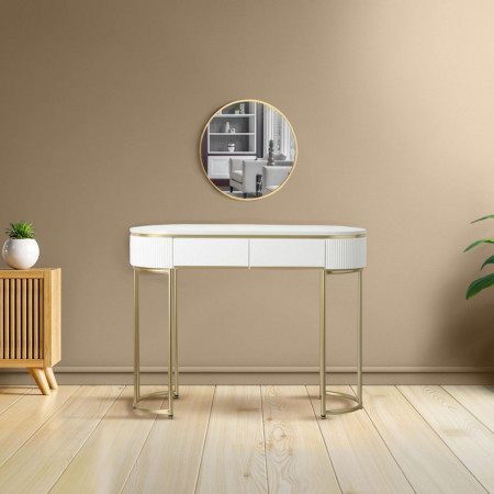 SEA74 - Set Masa toaleta, 100 cm, cosmetica, masa machiaj cu oglinda, cu sau fara scaun, masuta vanity - Alb-Auriu