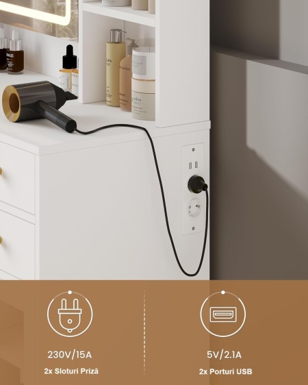 SEA827 - Set Masa toaleta 110 cm, cu Priza si USB, 5 Sertare, rafturi, Oglinda cu LED, Organizator Bijuterii, masuta vanity, make-up - Alb - Auriu - Img 6