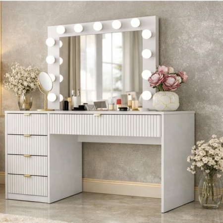 SEA93 - Set Masa Alba toaleta cu riflaj, 120 cm, cosmetica, masuta machiaj, oglinda cu LED cu sau fara Priza, cu sau fara scaun - Img 8