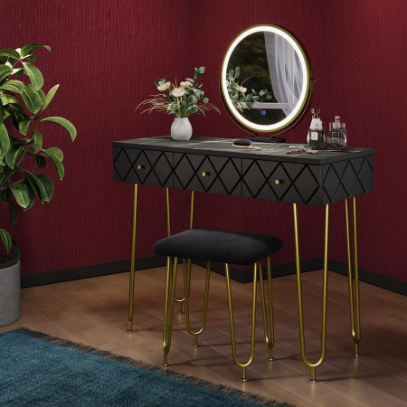 SEN246 - Set Masa toaleta, 100 cm, cosmetica machiaj, oglinda cu LED, masuta vanity, scaun tapitat - Negru-Auriu