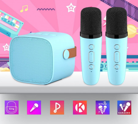 CADC2 - Set Sistem Mini Karaoke si 2 Mini Microfoane, Jucarii copii, Cadou pentru Craciun, Petreceri in familie - Albastru - Img 2