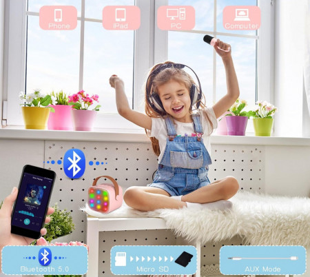CADC3 - Set Sistem Mini Karaoke si 2 Mini Microfoane, Jucarii copii, Cadou pentru Craciun, Petreceri in familie - Roz - Img 5